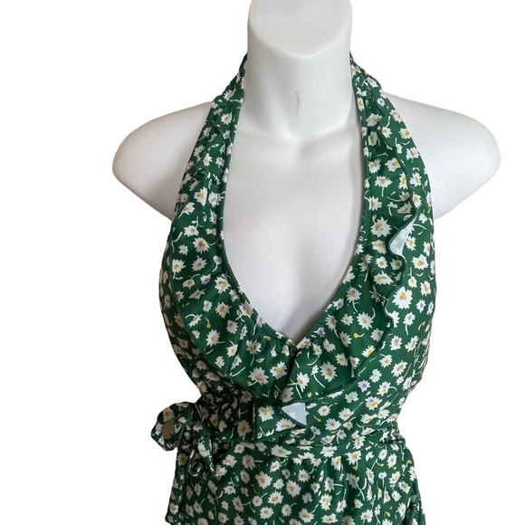 NWOT Modcloth Green One Piece Ditzy Daisies Floral Halter Ruffle Swimsuit Size L - Picture 5 of 11